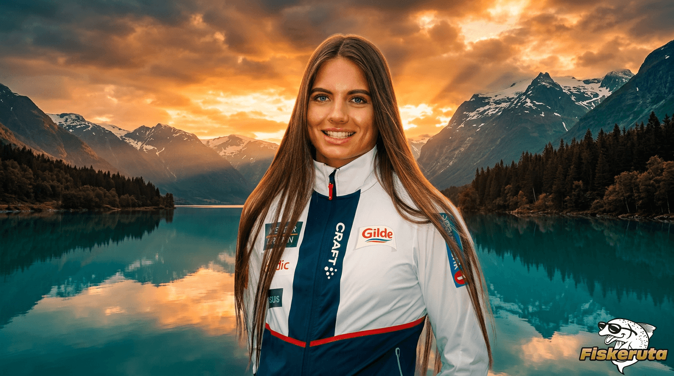 Kristine Stavås Skistad, norsk sprintdronning på ski, ambassadør for Fiskeruta — fjord og fjell i bakgrunnen