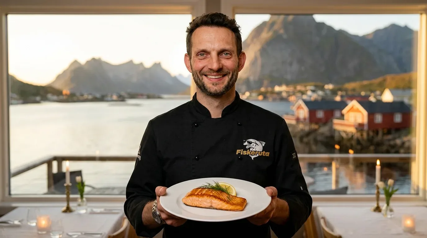 Nicolai Radmer Nielsen, stjernekokk hos Fiskeruta, serverer perfekt stekt laksefilet — Lofoten i bakgrunnen